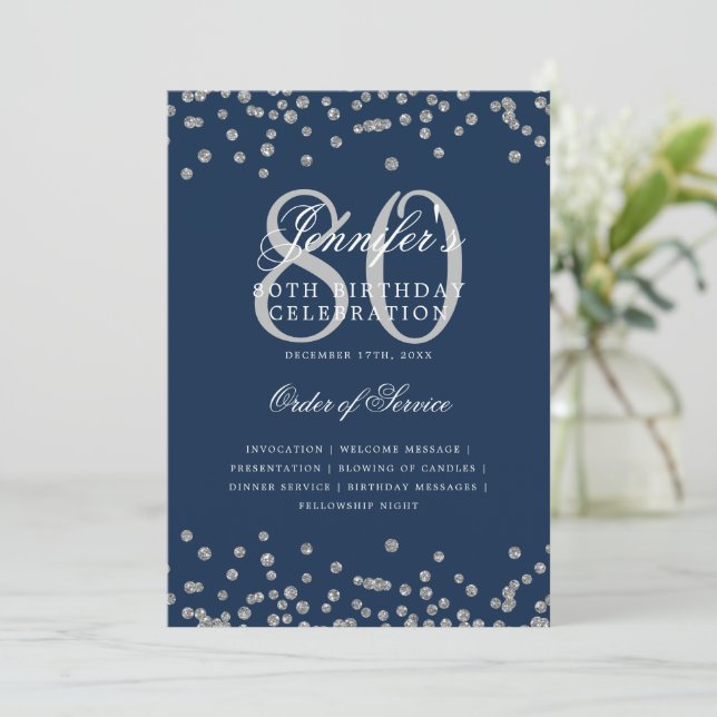 Elegant 80th Birthday Program Menu Silver Navy Blu Invitation (Standing Front)