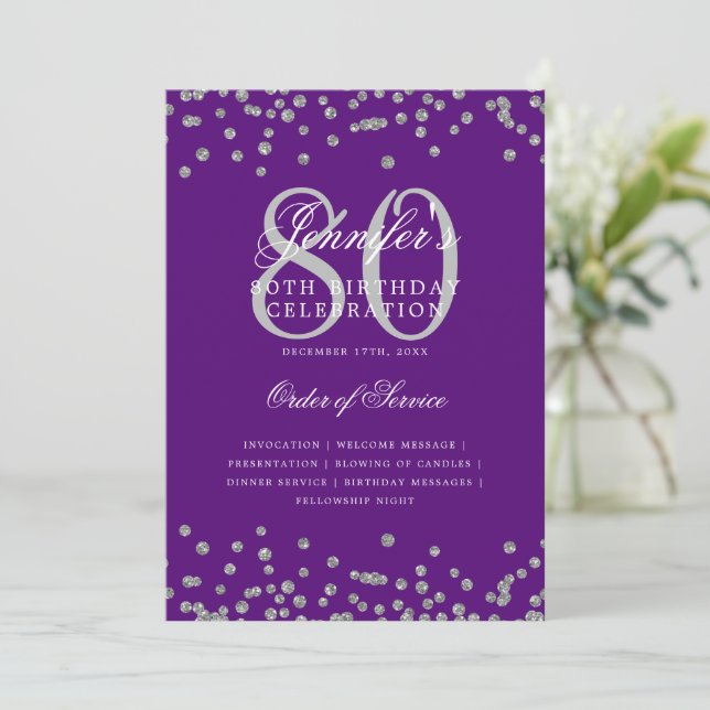 Elegant 80th Birthday Program Menu Silver Purple  Invitation (Standing Front)