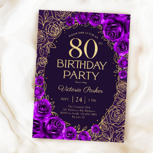 Elegant 80th Birthday Purple Gold Floral Invitation