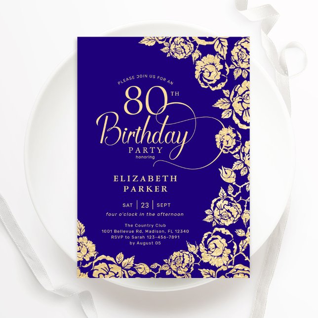 Elegant 80th Birthday Purple Gold Roses Invitation (Creator Uploaded)