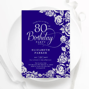 Elegant 80th Birthday Purple Silver Roses Invitation