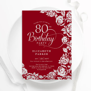 Elegant 80th Birthday Red Silver Roses Invitation