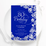 Elegant 80th Birthday Royal Blue Silver Roses Invitation<br><div class="desc">Royal blue silver floral 80th birthday party invitation. Elegant design featuring roses,  faux silver foil and typography script font. Trendy invite card perfect for a stylish female bday celebration. Can be customised to any age. Personalise with your own details. Printed Zazzle invitations or instant download digital printable template.</div>