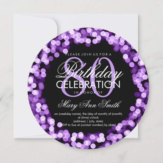 Elegant 80th Birthday Sparkling Lights Purple Invitation (Front)