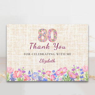 Elegant 80th Birthday Thanks for Her - Pink Floral Thank You Card