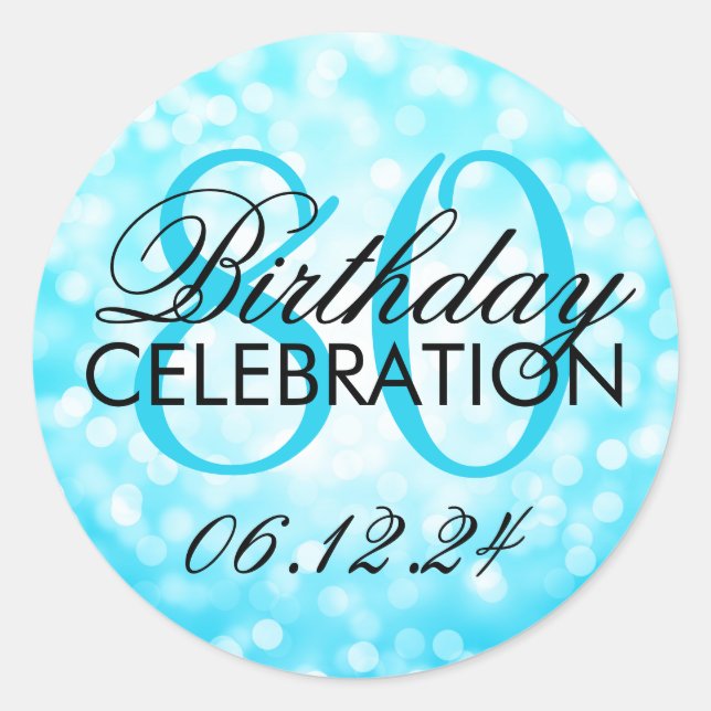 Elegant 80th Birthday Turquoise Glitter Lights Classic Round Sticker (Front)