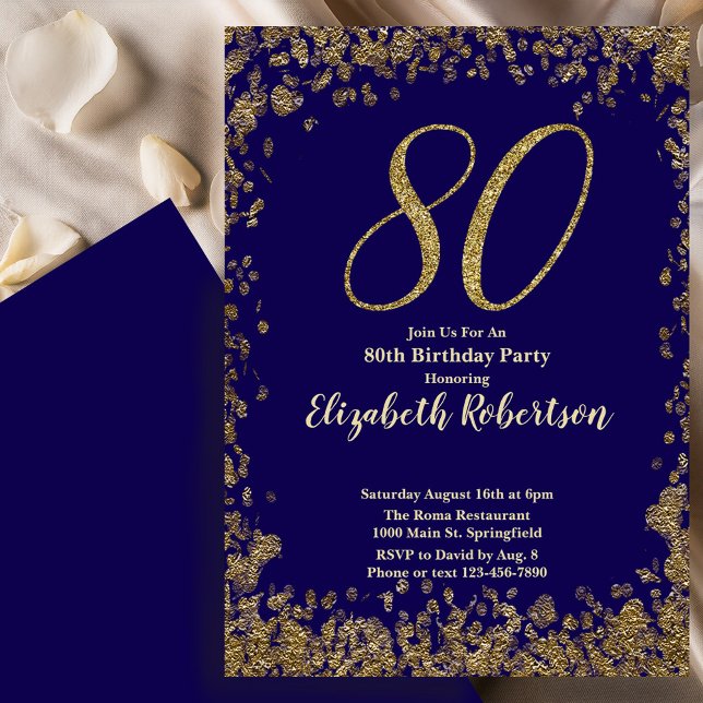 Elegant 80th Blue Birthday Invitation Gold Sequin (Creator Uploaded)