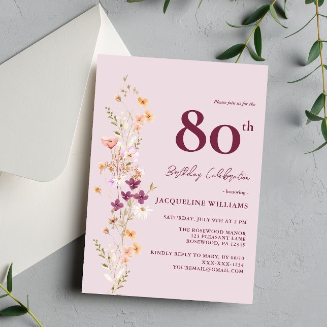 Elegant 80th Floral Wildflower Lavender Birthday Invitation (Creator Uploaded)