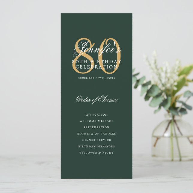 Elegant 80th Program Gold Green Menu+Thank You Invitation (Standing Front)