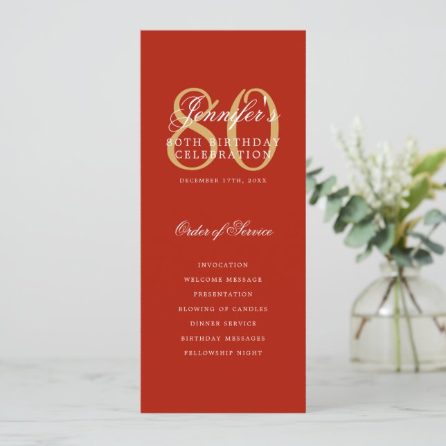Elegant 80th Program Gold Red Menu+Thank You Invitation (Standing Front)