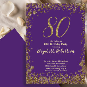 Elegant 80th Purple Birthday Invitation Gold 