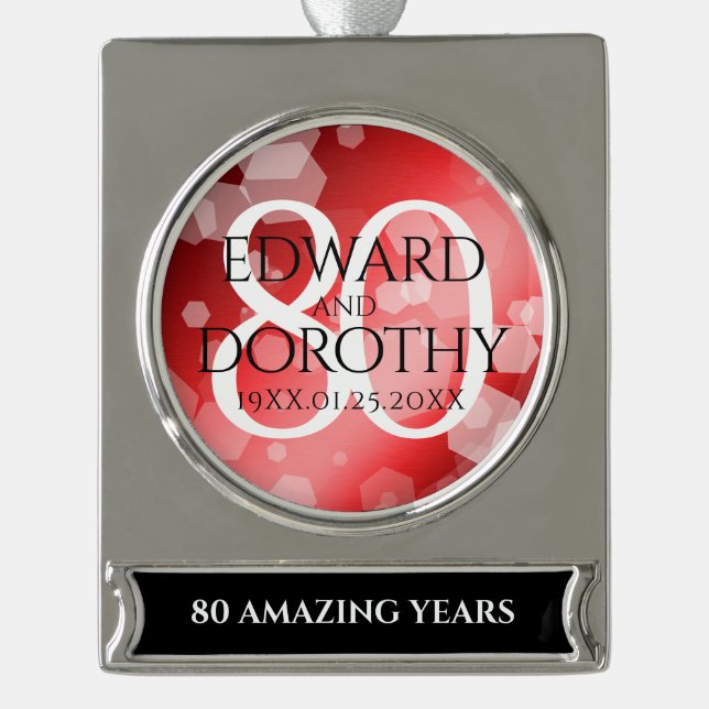 Elegant 80th Ruby Wedding Anniversary Celebration Silver Plated Banner Ornament (Front)