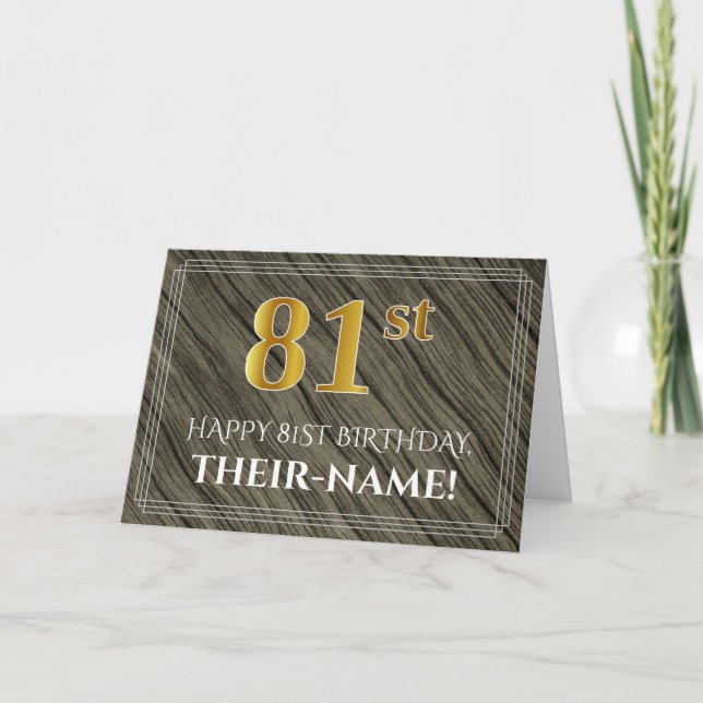 Elegant 81st Birthday: Faux Wood, Faux Gold Look Card (Front)