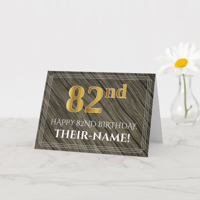 Elegant 82nd Birthday: Faux Wood, Faux Gold Look Card (Small Plant)