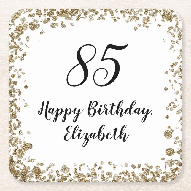 Elegant 85th Birthday Coasters With Gold Sequins (Front)