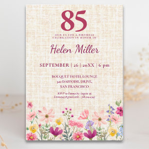Elegant 85th Birthday for Her - Linen Floral Invitation