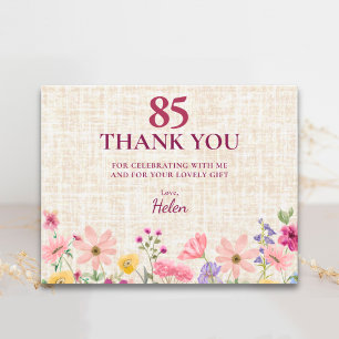 Elegant 85th Birthday Guest Thanks - Linen Floral Thank You Card