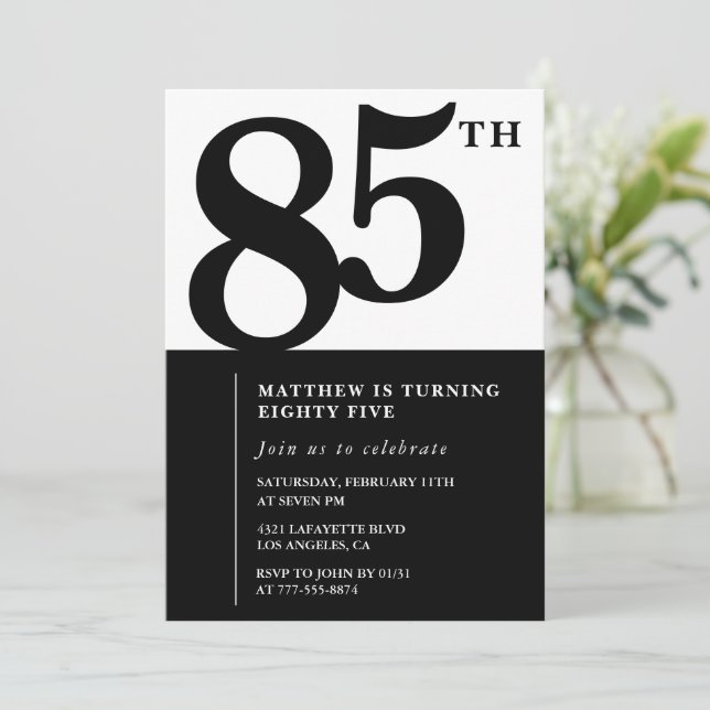 Elegant 85th birthday invitation Black Chic Modern (Standing Front)