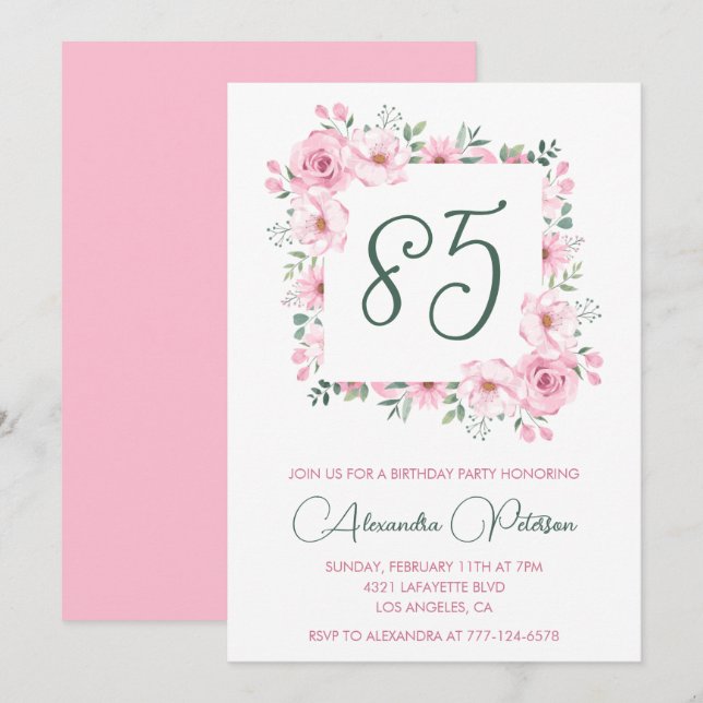 Elegant 85th birthday invitations Floral  Pink (Front/Back)