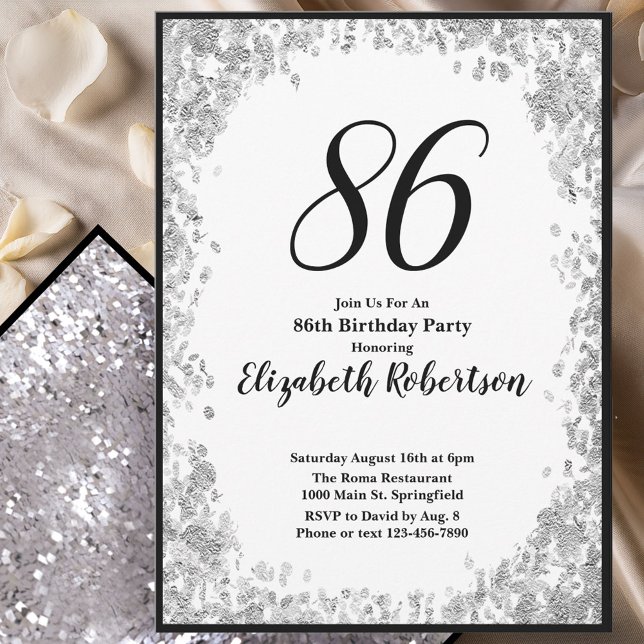 Elegant 86th Birthday Invitation For Her in Silver (Creator Uploaded)