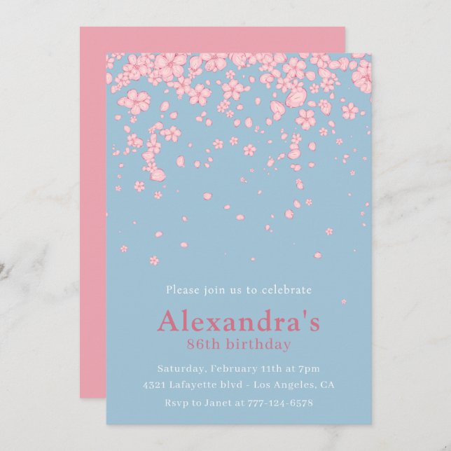 Elegant 86th birthday invitations Floral Pink Blue (Front/Back)