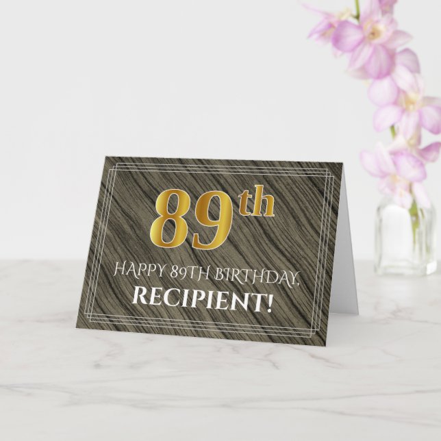 Elegant 89th Birthday: Faux Wood, Faux Gold Look Card (Orchid)