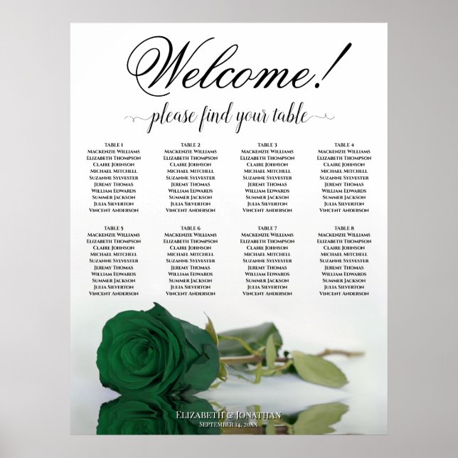 Elegant 8 Table Emerald Green Rose Seating Chart (Front)