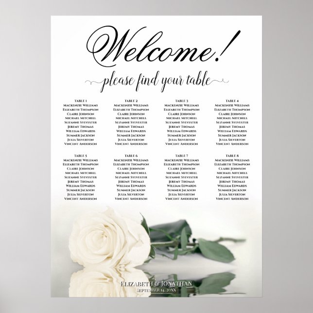 Elegant 8 Table White Rose Wedding Seating Chart (Front)