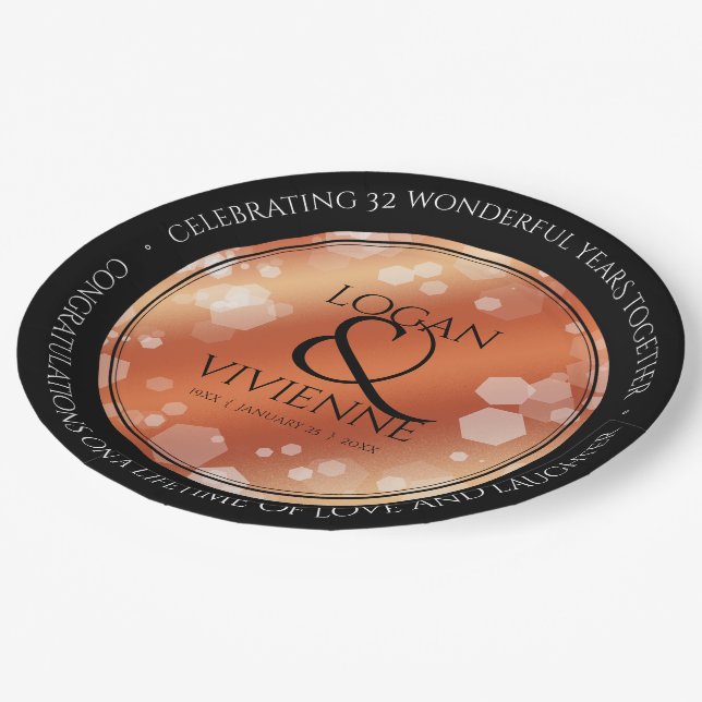 Elegant 8th 32nd Bronze Wedding Anniversary Paper Plate (Angled)