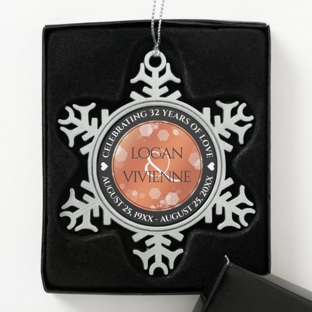 Elegant 8th 32nd Bronze Wedding Anniversary Snowflake Pewter Christmas Ornament (Box)