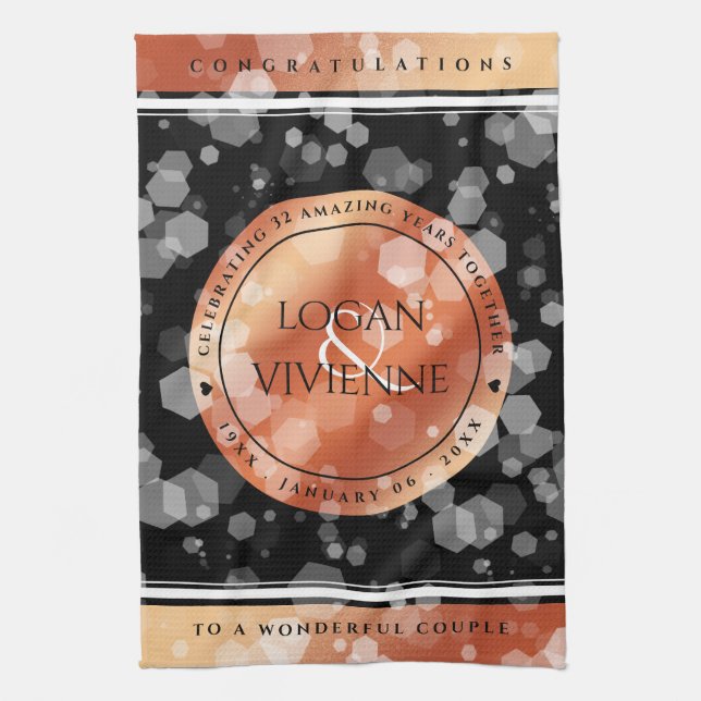 Elegant 8th 32nd Bronze Wedding Anniversary Tea Towel (Vertical)