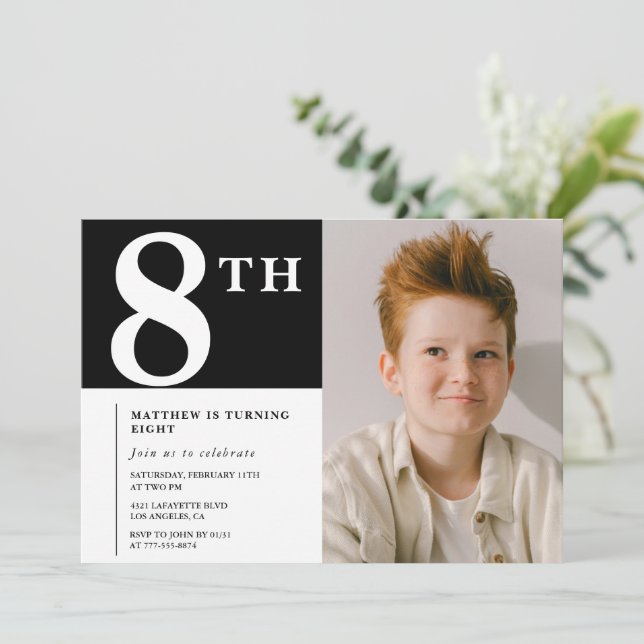 Elegant 8th birthday invitation Black Boy Photo (Standing Front)