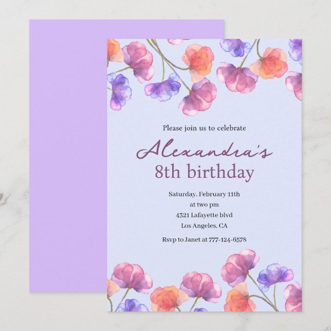 Elegant 8th birthday invitations Boho Floral Chic (Front/Back)