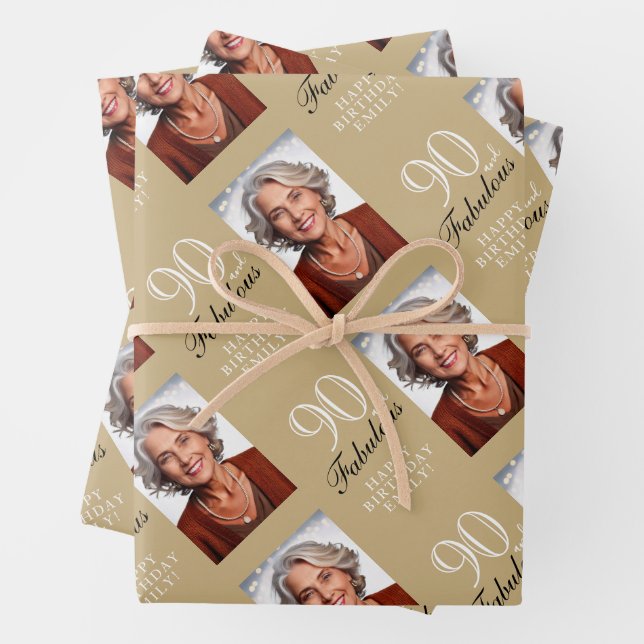 Elegant 90 and Fabulous 90th Birthday Photo Wrapping Paper Sheet (In situ)