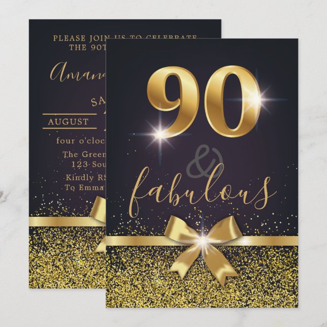 Elegant 90 & Fabulous Gold Glitter 90th Birthday Invitation (Front/Back)