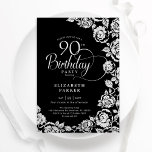 Elegant 90th Birthday Black Silver Roses Invitation<br><div class="desc">Black silver floral 90th birthday party invitation. Elegant design featuring roses,  faux silver foil and typography script font. Trendy invite card perfect for a stylish female bday celebration. Can be customised to any age. Personalise with your own details. Printed Zazzle invitations or instant download digital printable template.</div>
