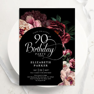 Elegant 90th Birthday Burgundy Pink Peonies Invitation