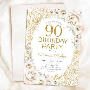 Elegant 90th Birthday Cream Gold Floral Invitation