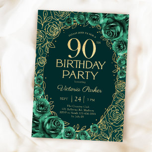 Elegant 90th Birthday Emerald Green Gold Floral Invitation