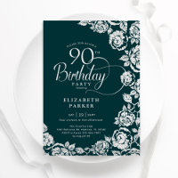 Elegant 90th Birthday Emerald Green Silver Roses