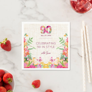 Elegant 90th Birthday Floral Linen Party Decor Napkin
