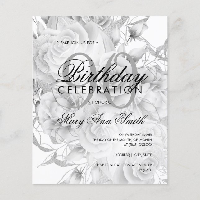 Elegant 90th Birthday Floral Silver White Invite (Front)