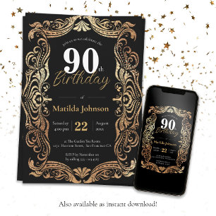 Elegant 90th Birthday Gold Black Glamourous Vintag Invitation