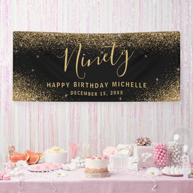 Elegant 90th Birthday Gold Glitter Sparkle Name Banner (Party)