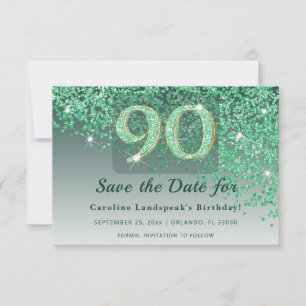 Elegant 90th Birthday Green Glitter Frosted Save The Date