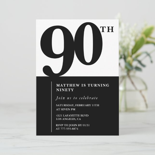Elegant 90th birthday invitation Black Chic Modern (Standing Front)