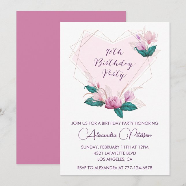 Elegant 90th birthday invitations Pink Floral (Front/Back)