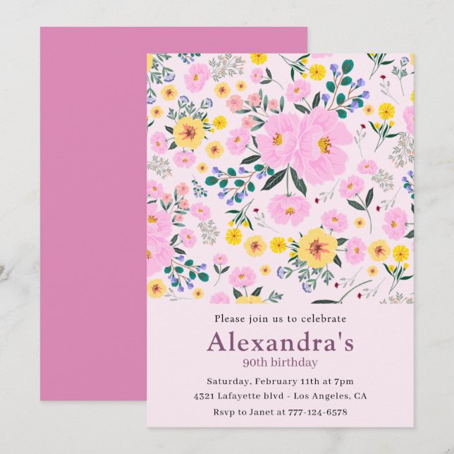 Elegant 90th birthday invitations Pink Floral Chic (Front/Back)
