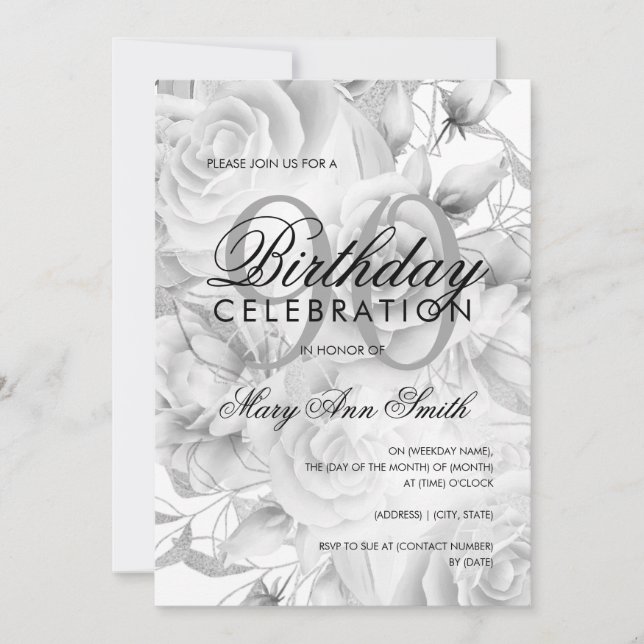 Elegant 90th Birthday Party Floral Silver White Invitation (Front)