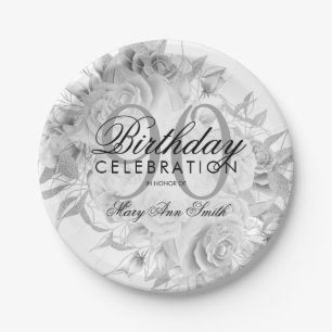 Elegant 90th Birthday Party Floral Silver White Paper Plate